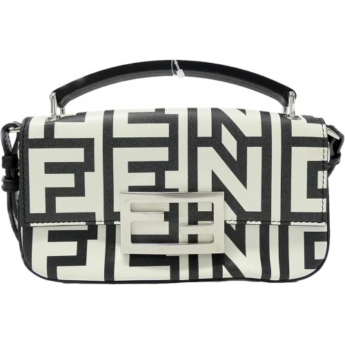 FENDI Baguette 迷你斜背包,黑色和白色皮革, 黑色/白色